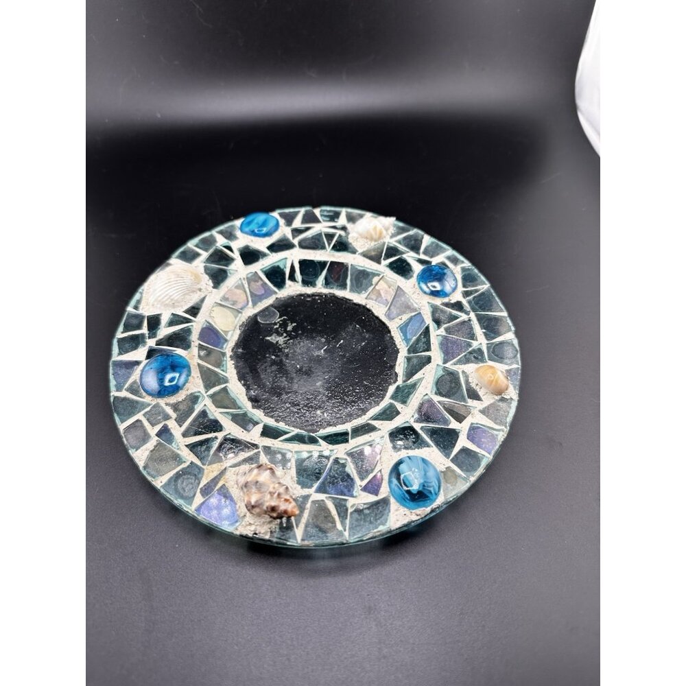 Blue Sea Glass Handmade Shells Cement Trinket Dish OOAK Mosaic 7” Round‎ Pebbles